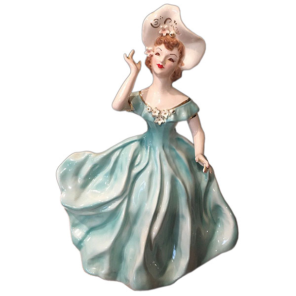 Florence Ceramics Figurine Sherri Teal Gown Hat Gold Leaf Semi