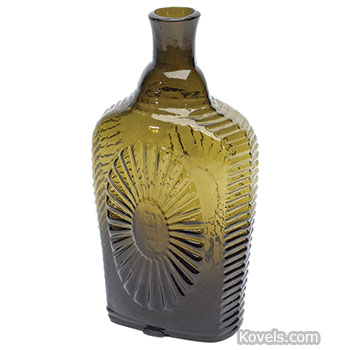 Bottles, Flask, Sunburst, Keen In Oval, P & W, Olive Amber, Keene, New Hampshire, c.1825, Pt.