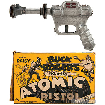 Buck Rogers, Toy, Gun, U-235 Atomic Pistol, Metal, Silver Finish, Daisy, Box,1945