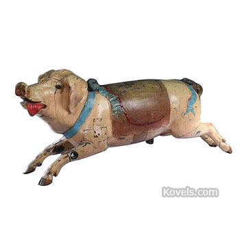 Carousel, Pig, Running, Wood, Painted, Blue Bow, Saddle, Signed Marie, 1800s