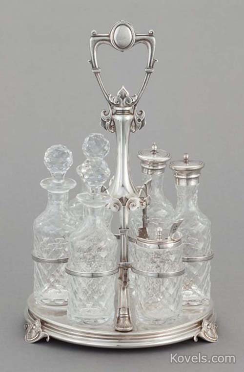 Castor Sets, 6 Bottles, Silver Stand, U Shape Handle, Medallion, Krider ...