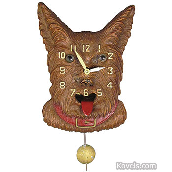 Clocks, Figural, Dog, Mechanical, Pendulum, Tongue Moves, Painted