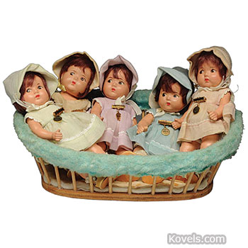 Dionne Quintuplets Doll Set Composition Wig Name Pin Basket