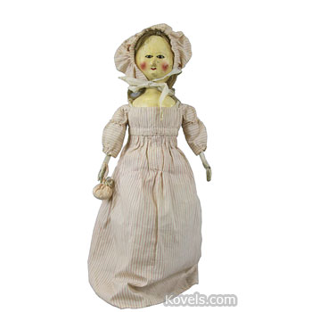 Doll, Wood, Carved, Painted Gesso, Glass Eyes, Dotted Eyebrows, Jointed, England, 1700s