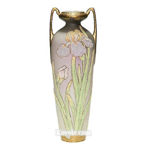 Japanese Coralene, Vase, Irises, Buds, Leaves, Handles, Marked