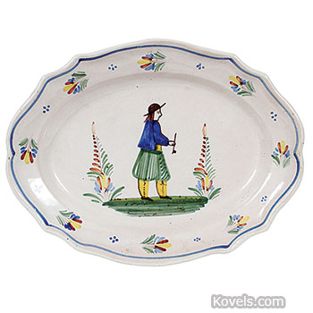 Quimper, Platter, Faience, Oval, Shaped Edge, Peasant, Trees, Flower Border, Henriot