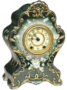 Royal Bonn Clock Mantel La Vendee Flowers Shaped Green Case Ansonia Works C1900
