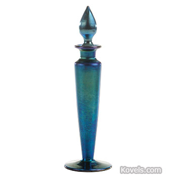 Steuben, Perfume Bottle, Blue Iridescent, Footed, Flame Stopper, Aurene, c.1915