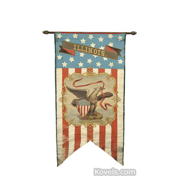 Textiles, Banner, Centennial, Illinois State Seal, Canvas, American Flag, Wood Rod, 1876