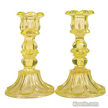 Vaseline Glass, Candlestick, Lobed Knop & Rim, Spread Base