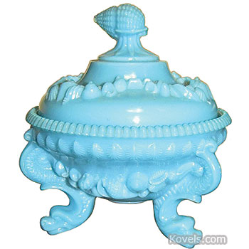 Westmoreland Glass, Candy Dish, Lid, Blue Milk Glass, Shell Finial, Argonaut Dolphin Feet