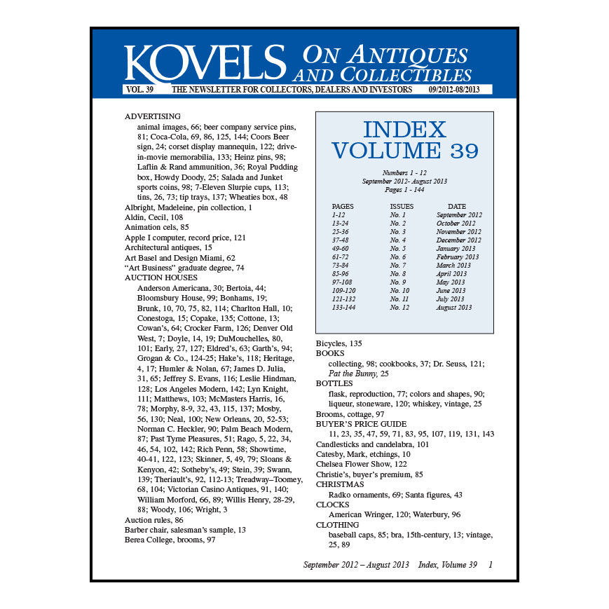 Kovels On Antiques & Collectibles Vol. 39  – Sept 2012 to August 2013