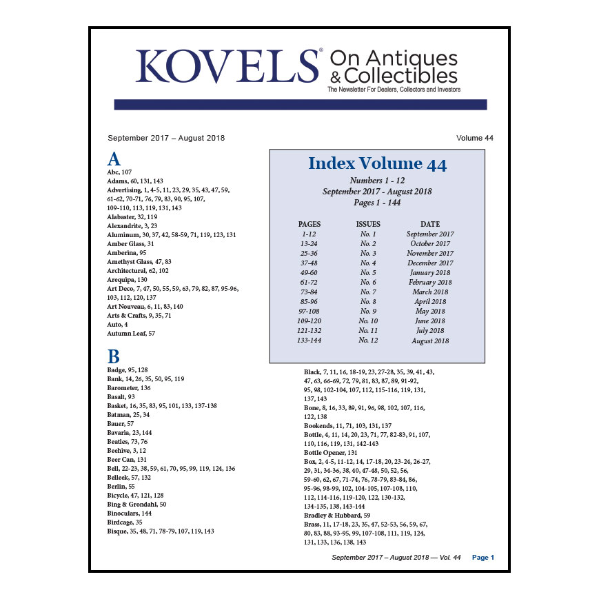 Kovels On Antiques & Collectibles Newsletter Index, Volume 46 Numbers 1 - 12 September 2019 - August 2020 Pages 1 - 144