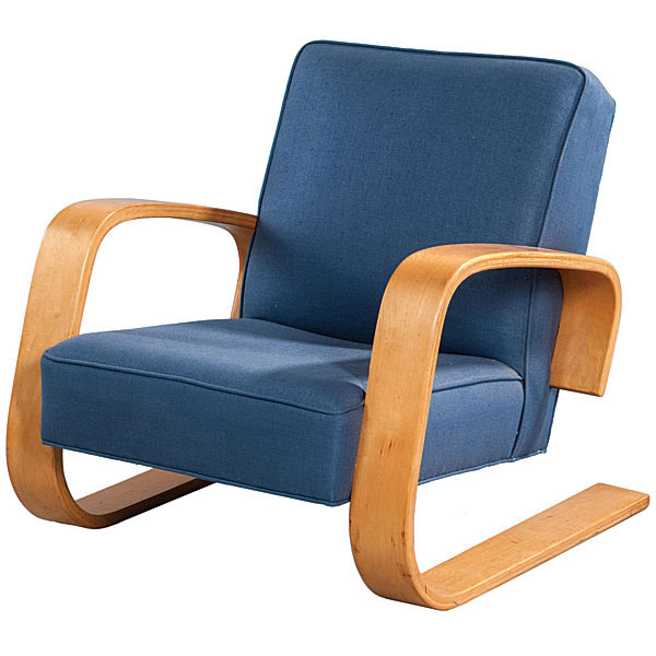 Aalto lounge chair, made of birch with a curved frame and blue upholstery, $1,476.