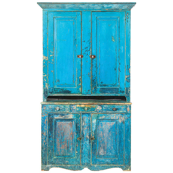 C.1850 Pine cupboard, painted blue, 89 by 52 inches, $2,040.