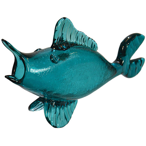 Art Glass fish, hand-blown, mouth open, blue crystal, Rainbow, West Virginia, 14-inches, $81.