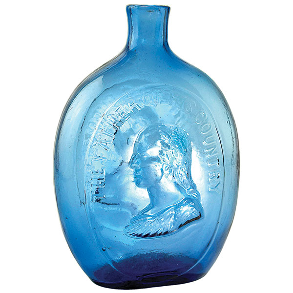 1848-55 flask, images of Washington & Taylor “Never Surrenders,” Cobalt Blue, $4,800.