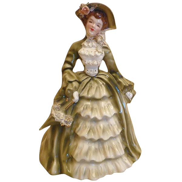 Florence Ceramics, Figurine, Charmaine, Green Dress & Green Bonnet, Lace Parasol, c.1954