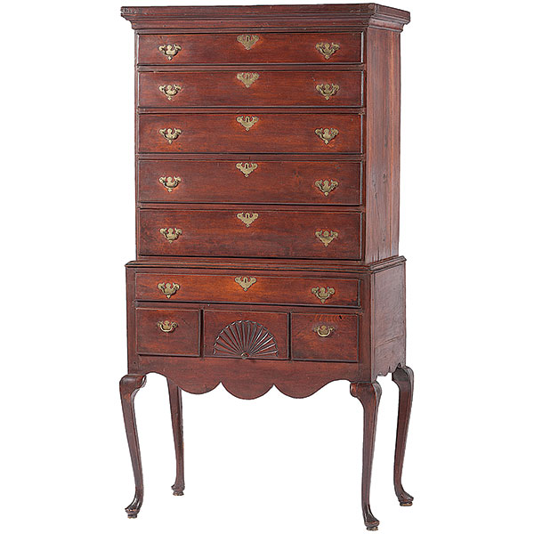Furniture, Highboy, Queen Anne, Walnut, Drawers, Fan Carved, Cabriole Legs, 1700s