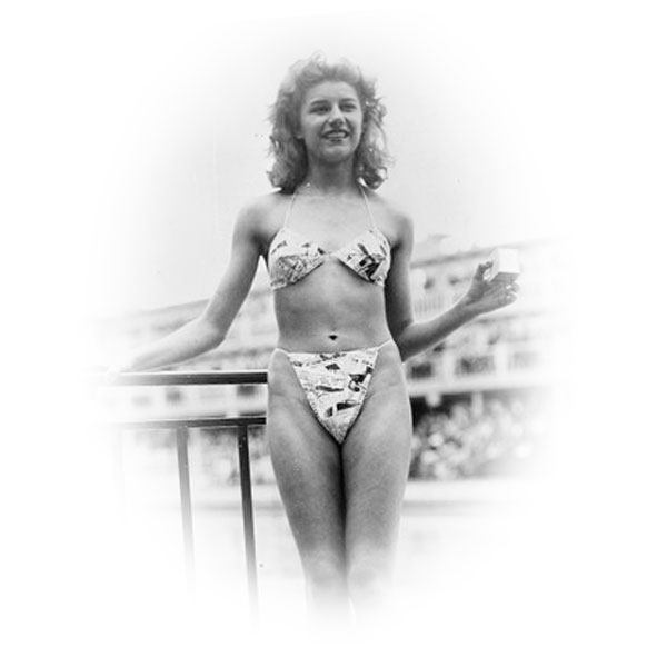 Exotic dancer Micheline Bernardini models the first bikini in 1946.