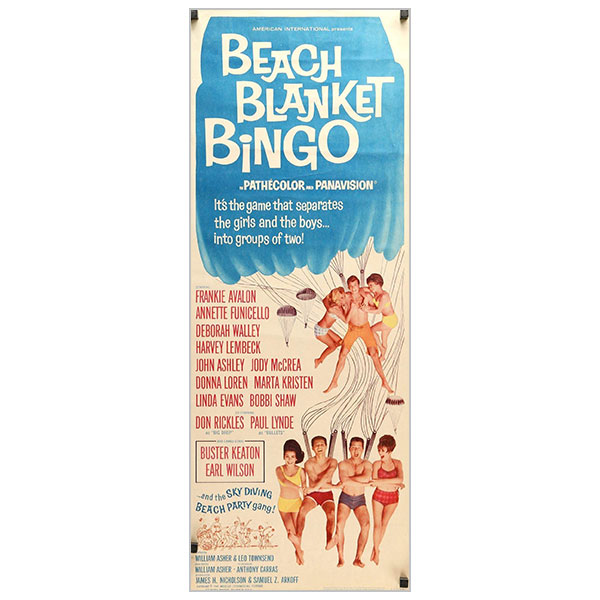 Original movie poster, “Beach Blanket Bingo” starring Frankie Avalon, Annette Funicello, 1965, 14 in. by 36 in., $190.