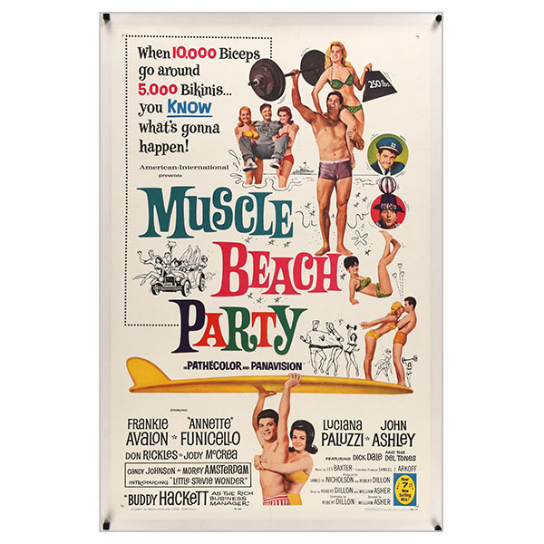 Original movie poster, “Muscle Beach Party,” starring Frankie Avalon, Annette Funicello, 1964, one-sheet, 27 in. by 41 in., $400.