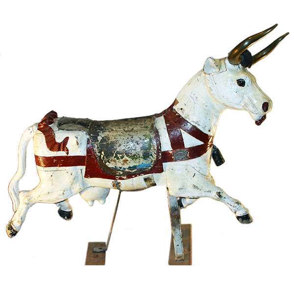 Bayol cow carousel figure, unrestored with old paint, brass horns, bell and ribbons, France, 1890s, sold for $3,750.