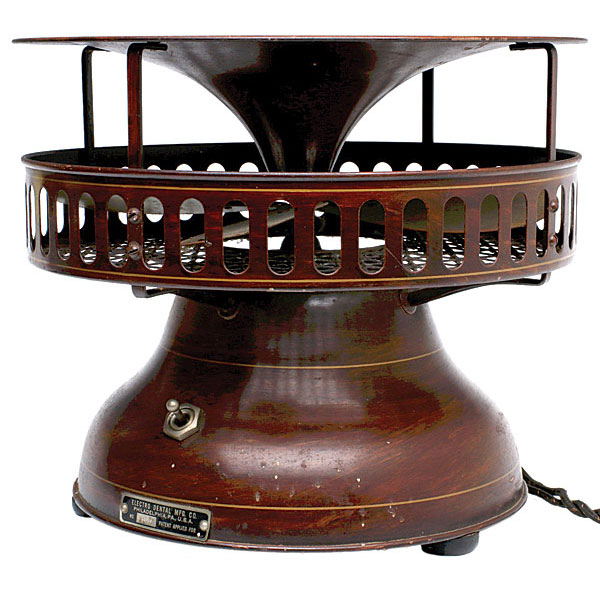Metal bell fan, Electro Dental Mfg., slotted cage, wood grain effect, 9 in., $192.
