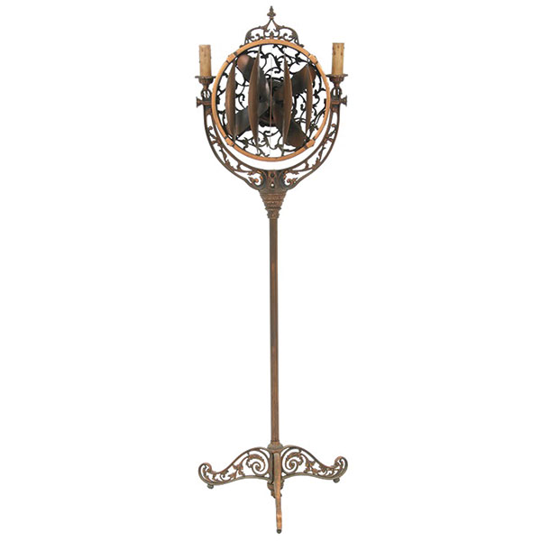Luminaire floor fan, tripod harp style base, candle socket arms, 58 in., $968.