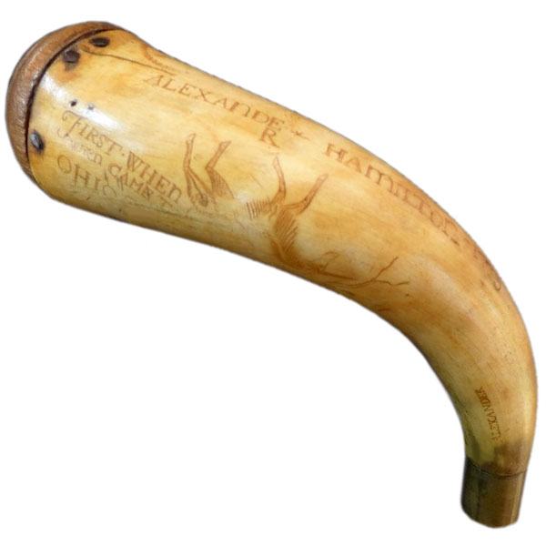 Powder horn, 1773, personally engraved, used by Hamilton in the Revolutionary War to store his gunpowder.
