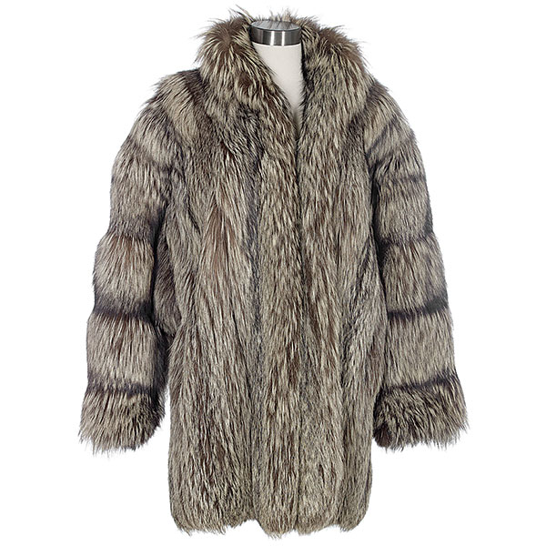 silver fox short coat with a shawl collar hook closure and dolman sleeves silk lined 1980s