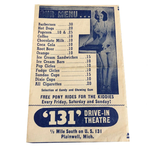 menu from drive-in movie theater