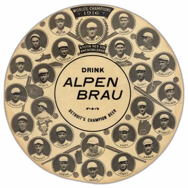 advertising button, alpen brau beer, 1916 boston red sox