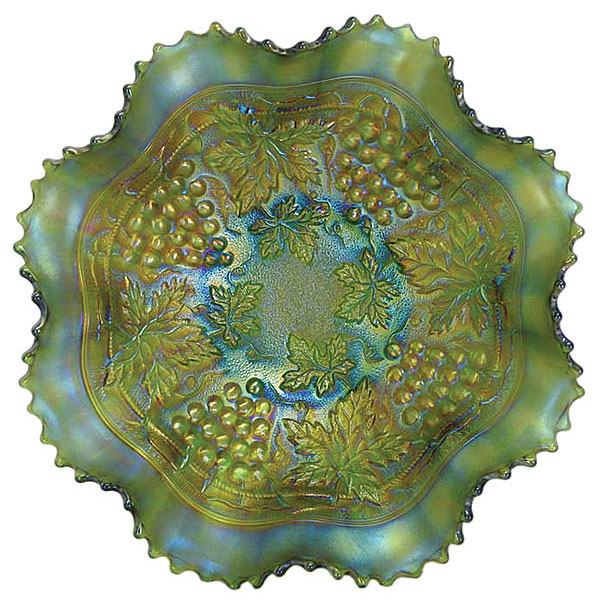 Carnival Glass, Grape & Cable, Bowl, Ruffled, Stippled, Ribbed Back