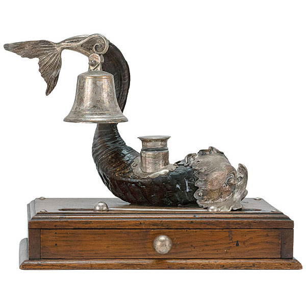 Inkwells, Walnut, Ram’s Horn Dolphin, Silver Plate, Bell, Well, Pen Tray, Drawer, c.1875
