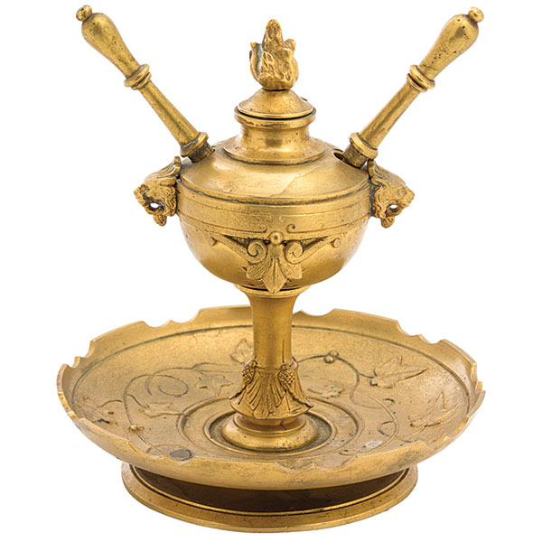 Lamps, Whale Oil, 2 Wicks, Gilt Bronze, Urn, Lion’s Head, Footed Bowl, 1800s