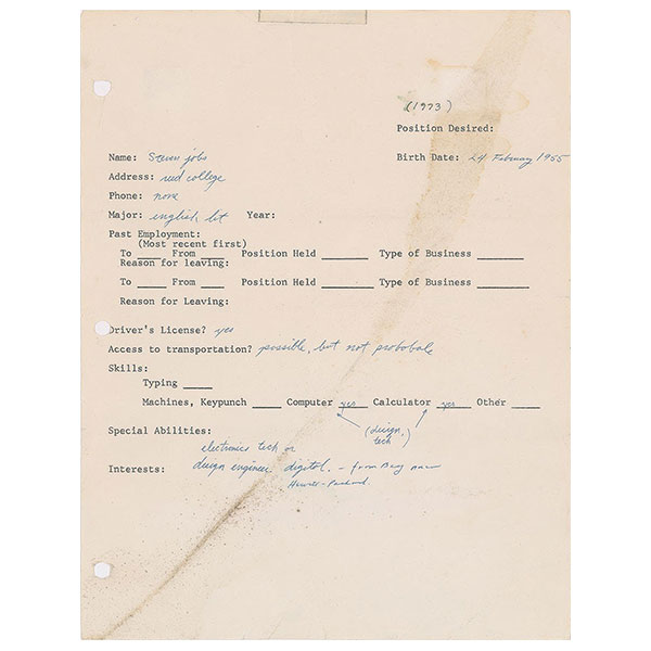 steve jobs 1973 job application