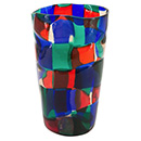 a colorful glass with a blue cup