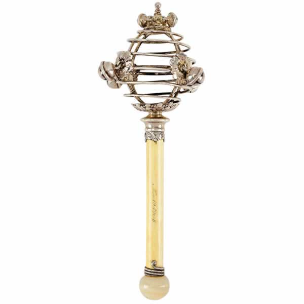 silver cage with balls baby rattle